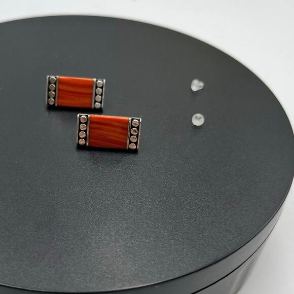 B Designer Vintage Art Deco Sterling Silver and Red Coral Rectangular Earrings - Picture 8 of 9